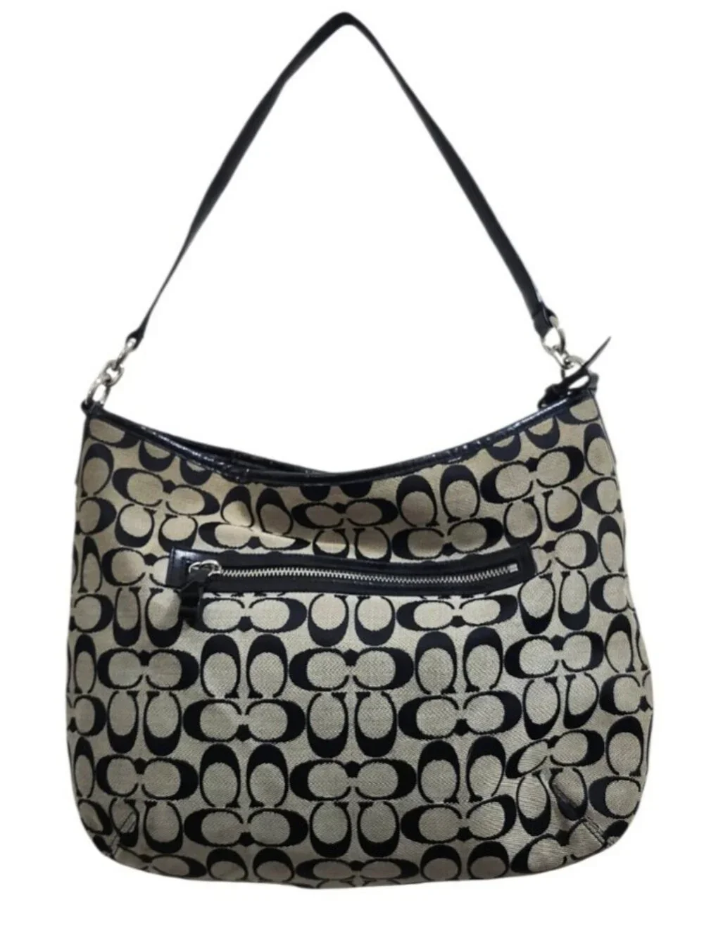 Coach F29941 Signature Stripe Hobo Shoulder Bag Black Khaki Jacquard Leather
